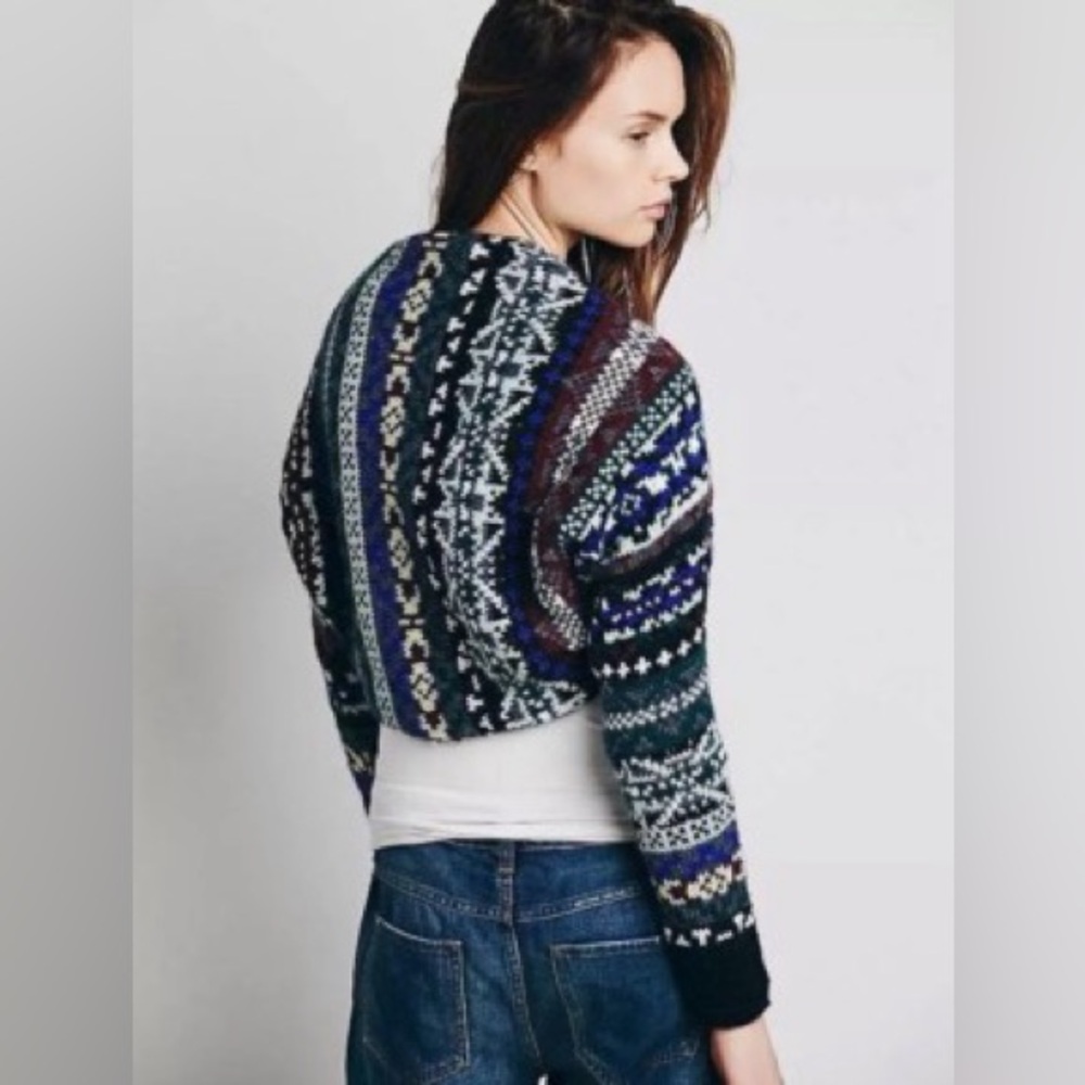 Free People Carnival Fair Isle Knit Shrug cropped open-front bolero sweater M - Picture 2 of 9